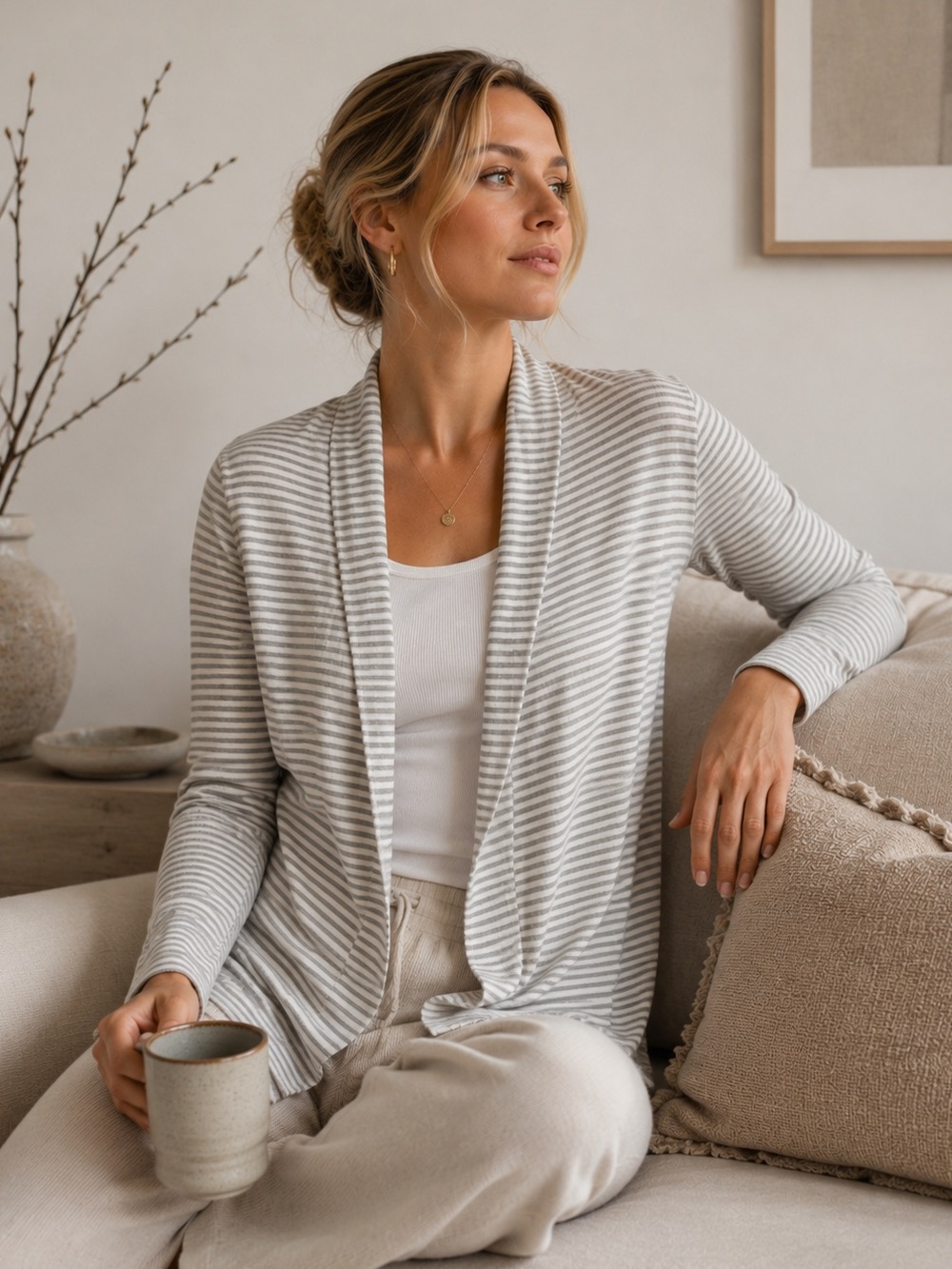 Buttercream Bamboo Cotton Blend Striped Open Cardigan Grey White XS Casual